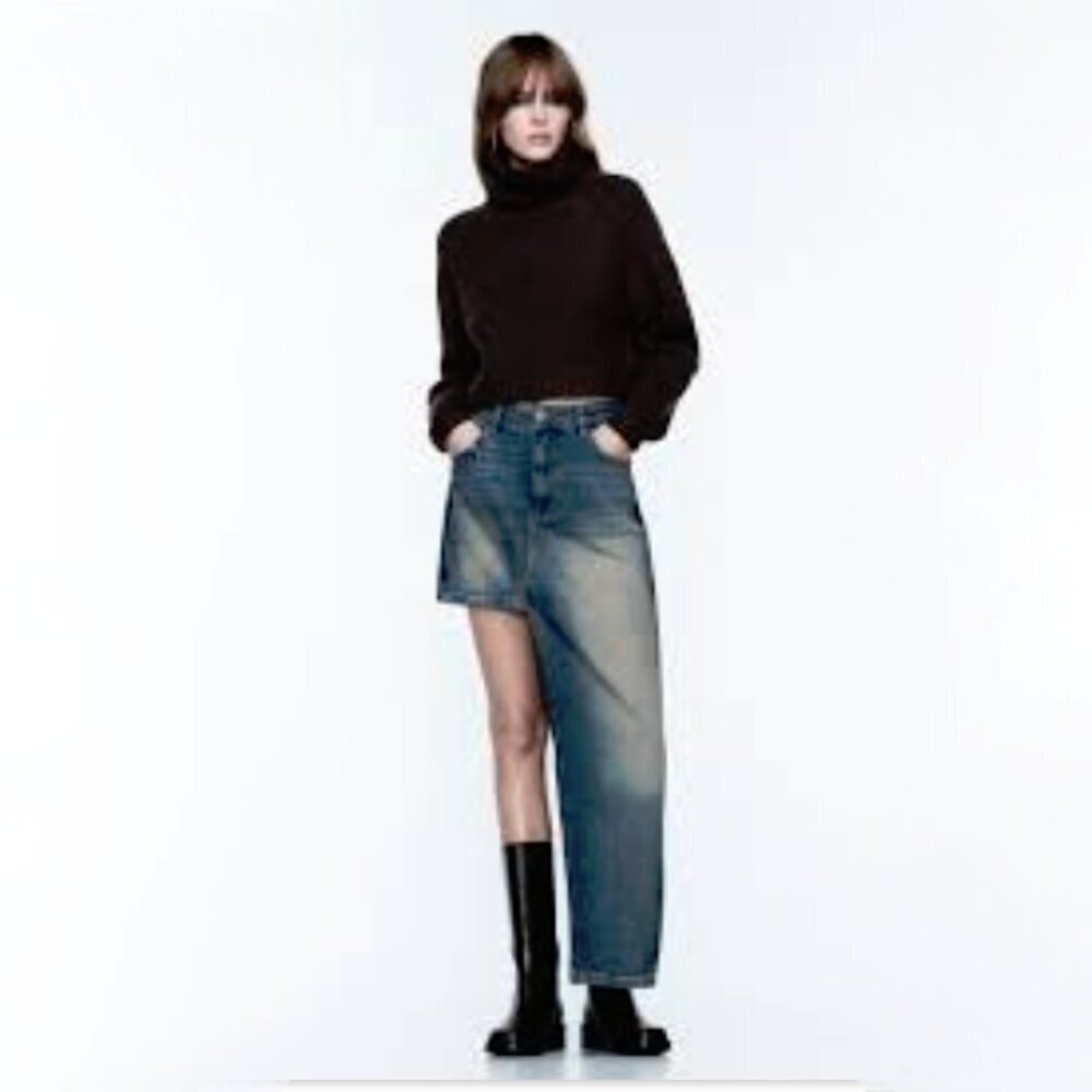 NWOT Zara medium blue wash high rise asymmetric denim skirt, S
